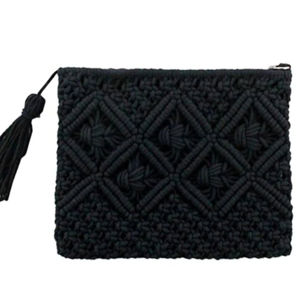 Wanderlust Weave and Tassel Clutch Chic Summer Bag, Black